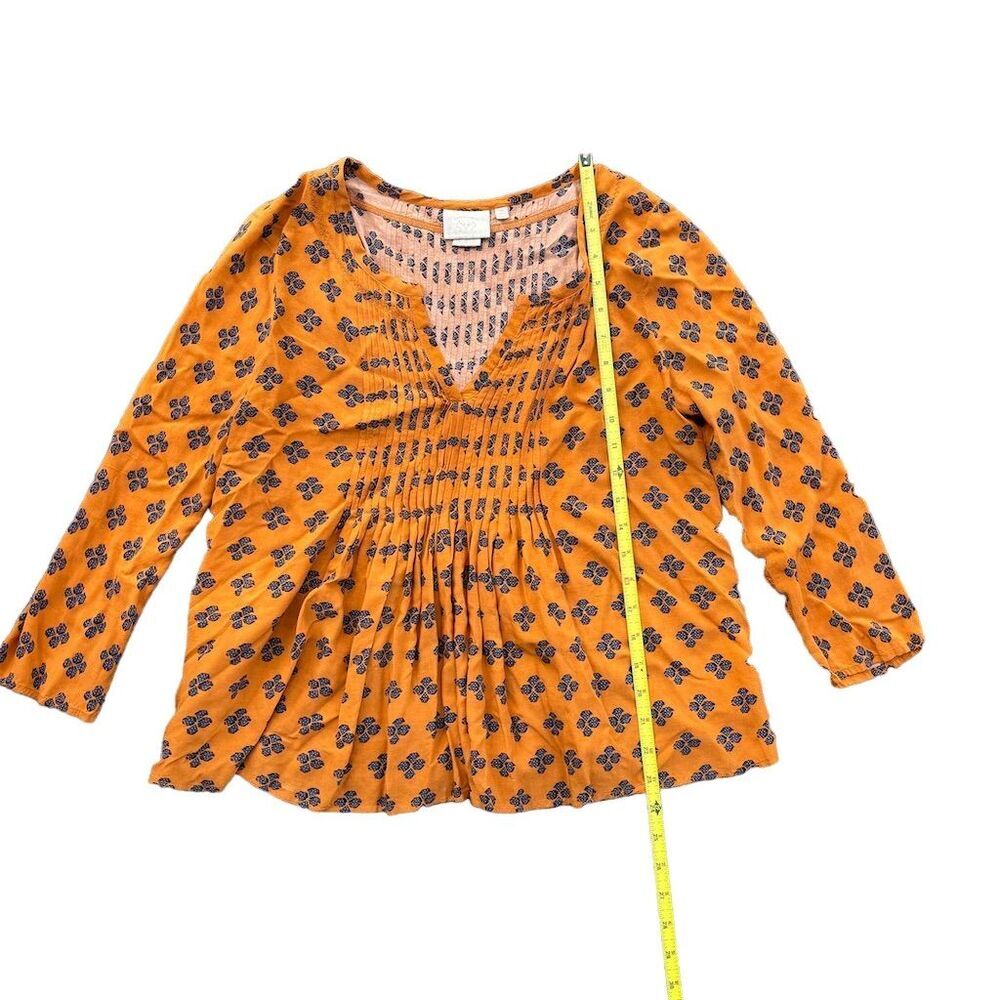 Anthropologie Vanessa Virginia Orange Floral Pleated Long Sleeve Blouse Size 2 - Picture 3 of 6